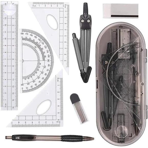 Math Geometry Kit Set, 8 Pieces w/ Shatterproof Storage Box - Rulers, Protractor - Picture 7 of 7